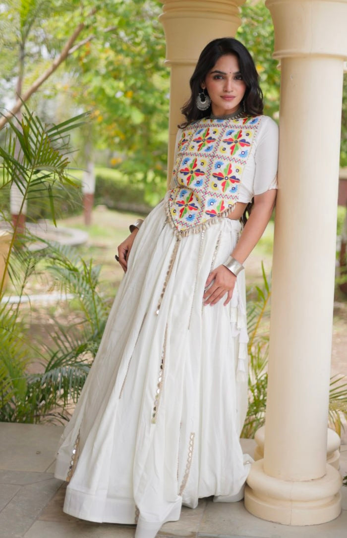 White Pure Cotton With Gamthi Thread Embroidered Work Lehenga Choli