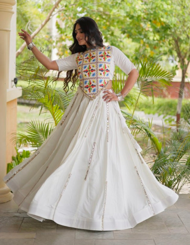 White Pure Cotton With Gamthi Thread Embroidered Work Lehenga Choli