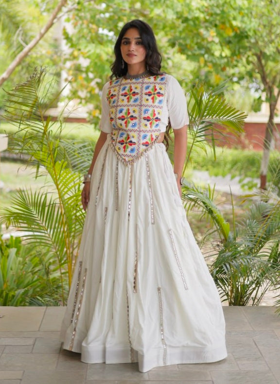 White Pure Cotton With Gamthi Thread Embroidered Work Lehenga Choli