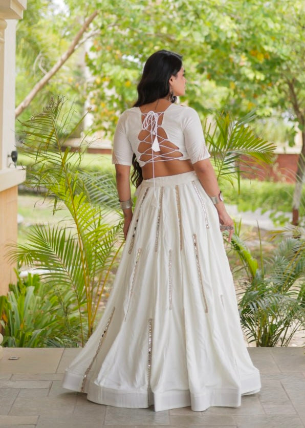 White Pure Cotton With Gamthi Thread Embroidered Work Lehenga Choli