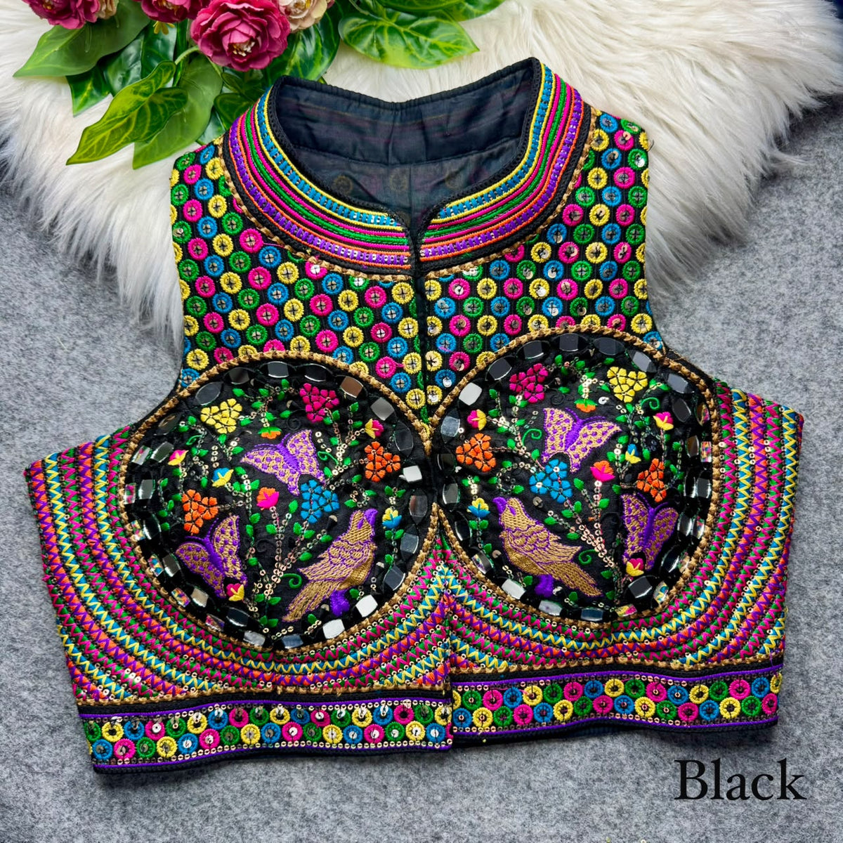 Black Pure Heavy Italian Soft Silk Beads Thread Real Mirror Work Navratri Blouse