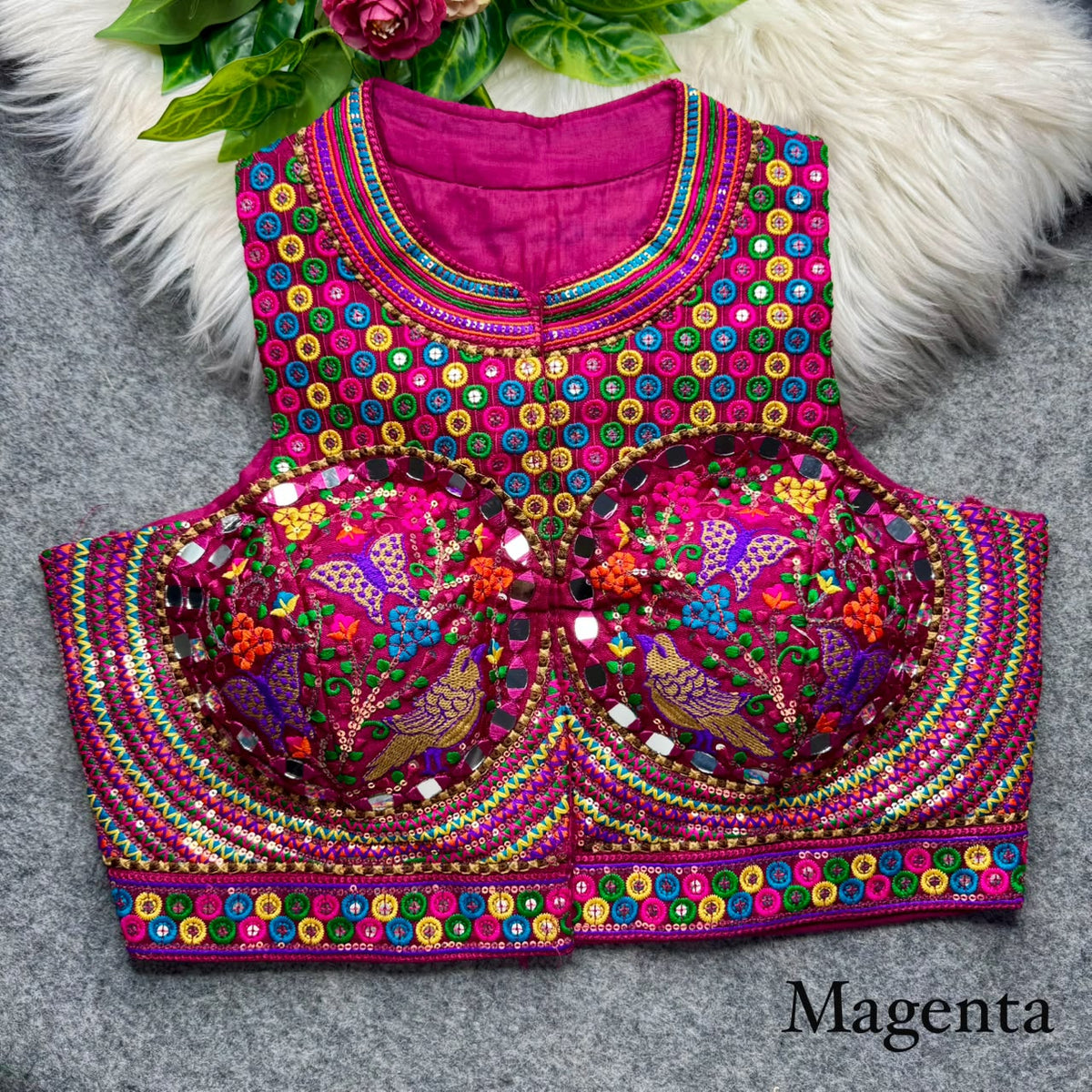 Magenta Pure Heavy Italian Soft Silk Beads Thread Real Mirror Work Navratri Blouse