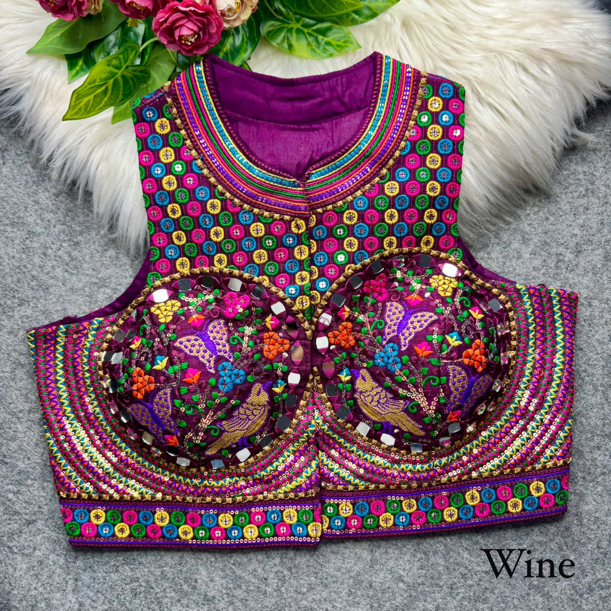 Wine Pure Heavy Italian Soft Silk Beads Thread Real Mirror Work Navratri Blouse
