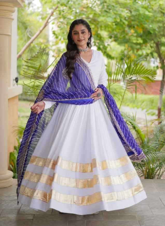 White Pure Cotton With Gamthi Thread Embroidered Work Lehenga Choli