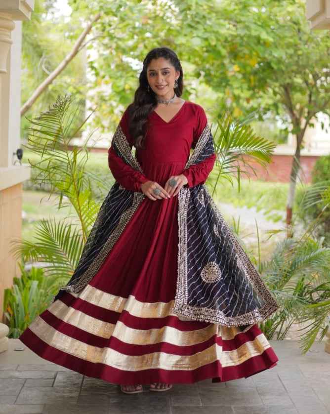 Maroon Pure Cotton With Gamthi Thread Embroidery Work Lehenga Choli