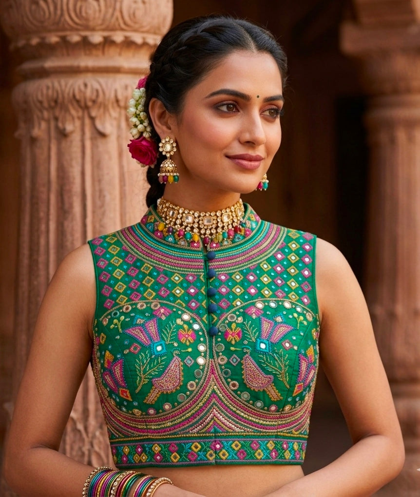 Green Pure Heavy Italian Soft Silk Beads Thread Real Mirror Work Navratri Blouse