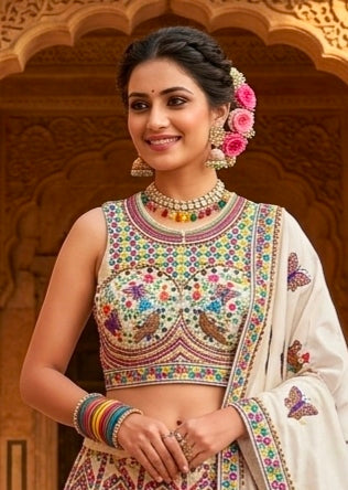 White Pure Heavy Italian Soft Silk Beads Thread Real Mirror Work Navratri Blouse