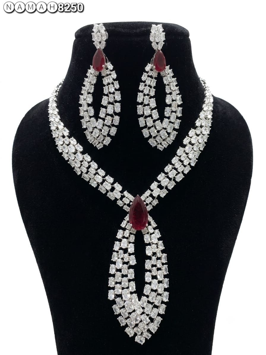 White Red American Diamond Necklace Jewellery Set