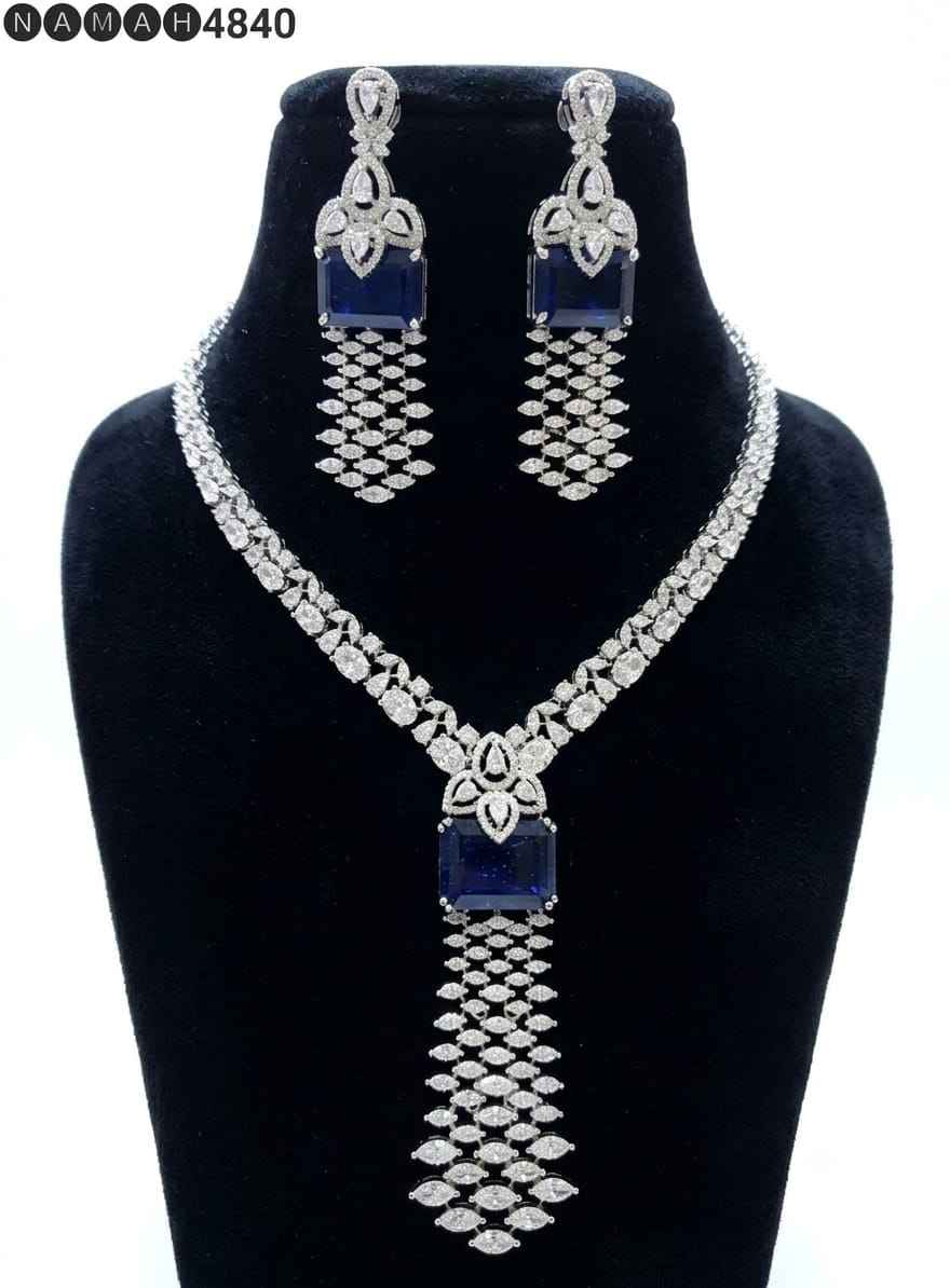 White Blue American Diamond Necklace Jewellery Set