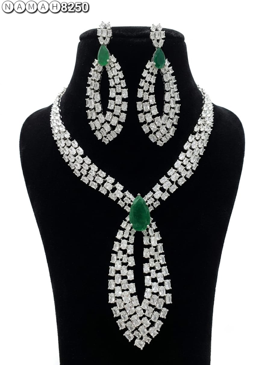 White Green American Diamond Necklace Jewellery Set