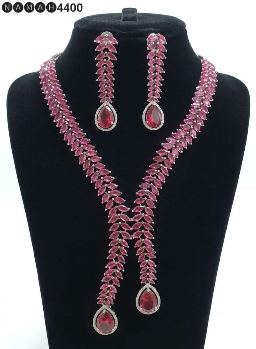Pink American Diamond Necklace Jewellery Set