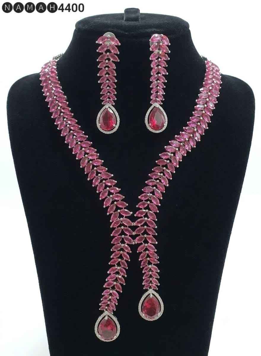 Pink American Diamond Necklace Jewellery Set