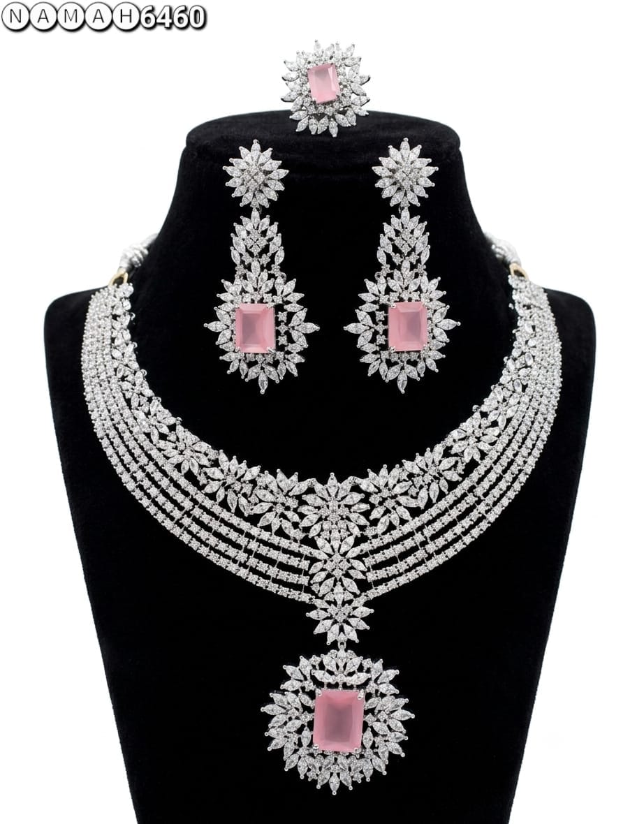 Pink American Diamond Necklace Jewellery Set
