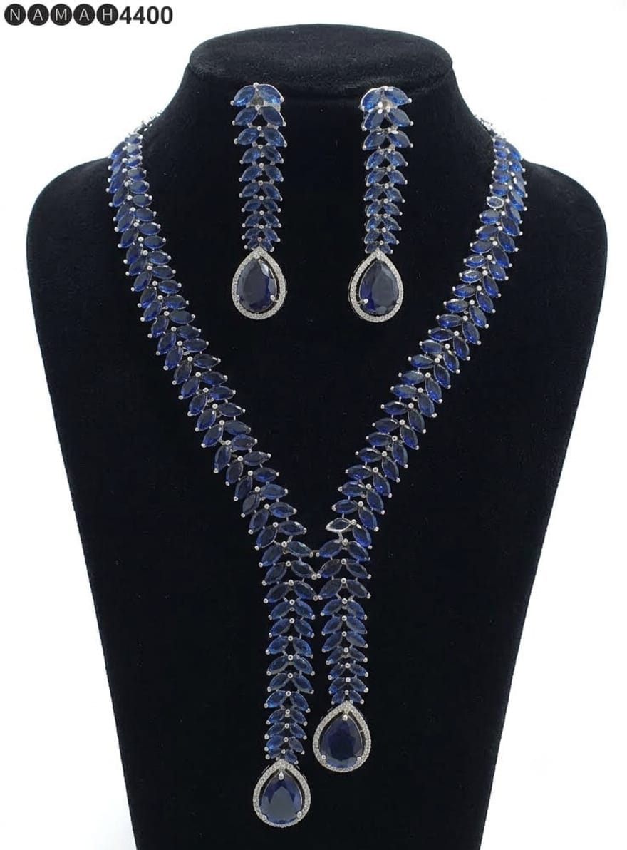 Blue American Diamond Necklace Jewellery Set