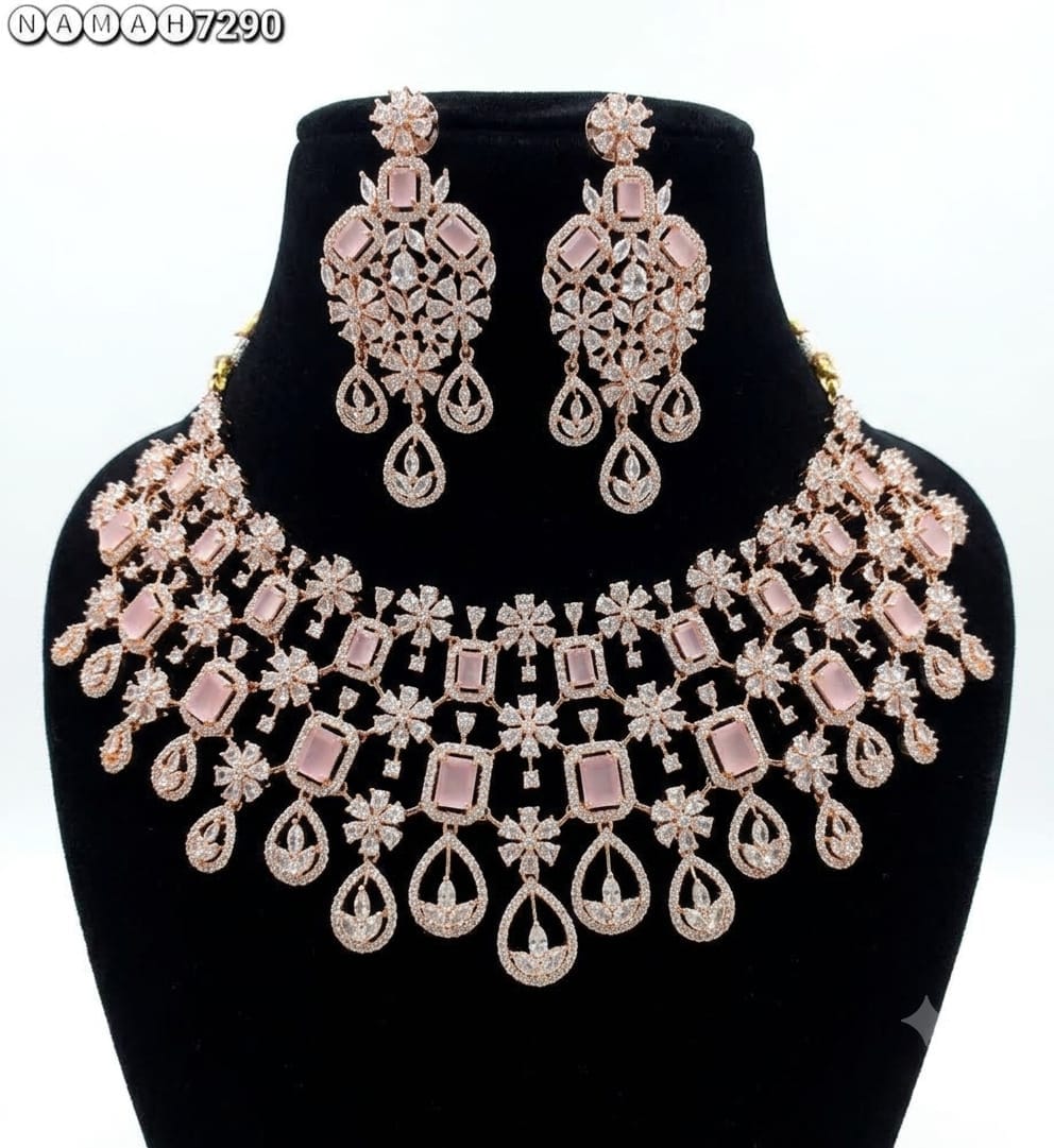 Pink Gold American Diamond Necklace Jewellery Set