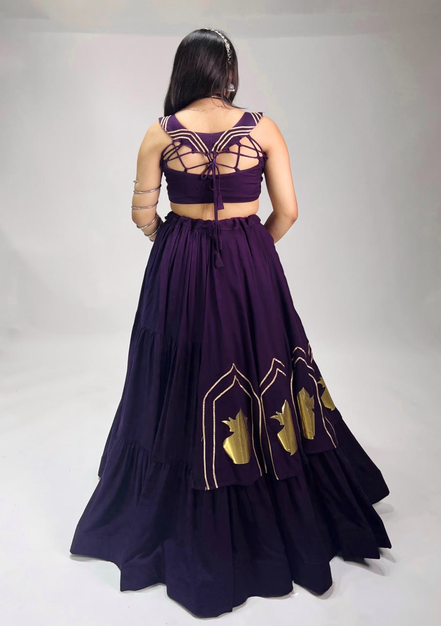 Purple Pure Rayon Cotton Multi Coloured Frilled Kali With Gota Work Navratri Lehenga Choli