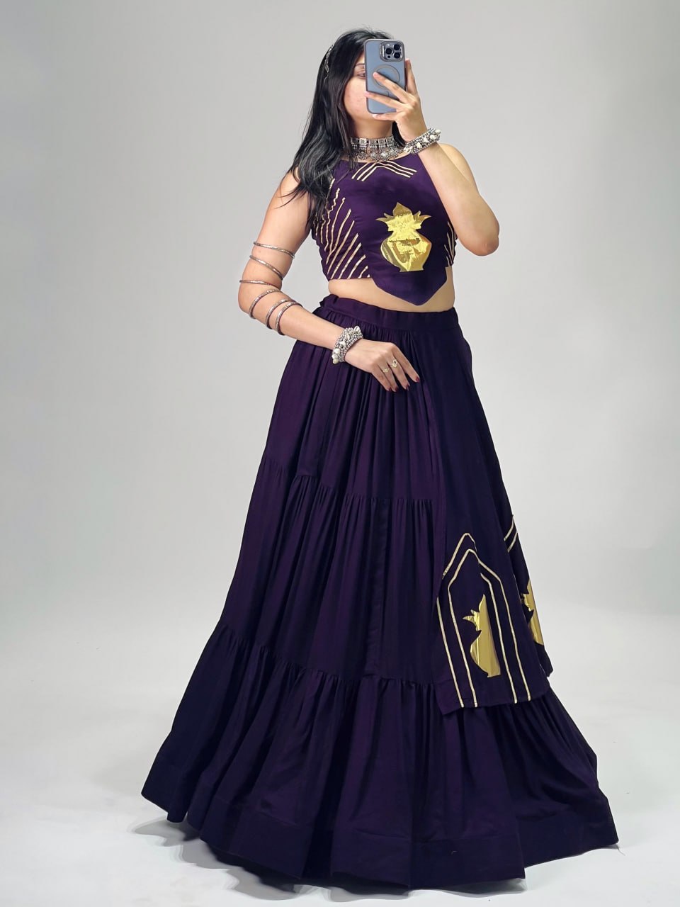 Purple Pure Rayon Cotton Multi Coloured Frilled Kali With Gota Work Navratri Lehenga Choli