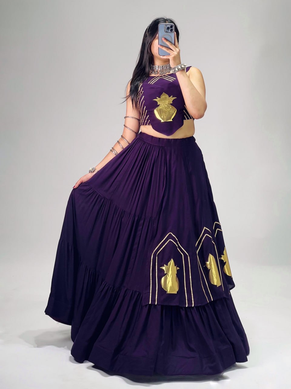 Purple Pure Rayon Cotton Multi Coloured Frilled Kali With Gota Work Navratri Lehenga Choli