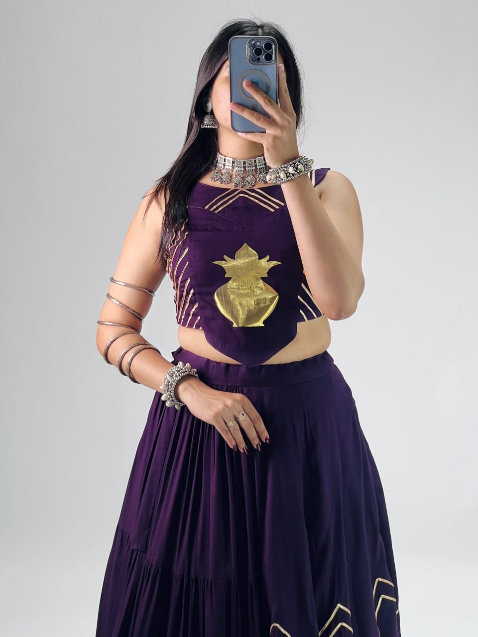 Purple Pure Rayon Cotton Multi Coloured Frilled Kali With Gota Work Navratri Lehenga Choli