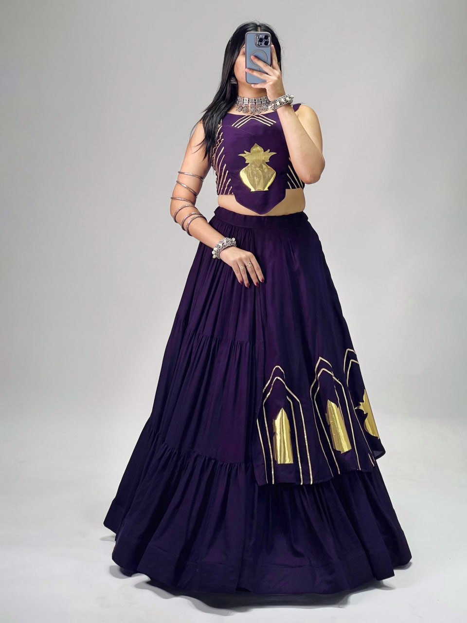 Purple Pure Rayon Cotton Multi Coloured Frilled Kali With Gota Work Navratri Lehenga Choli