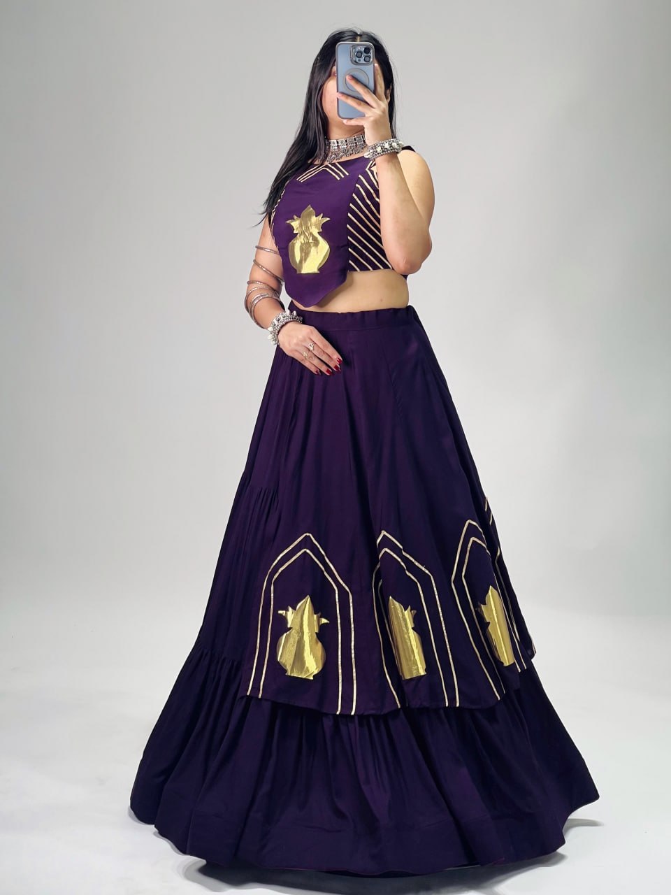 Purple Pure Rayon Cotton Multi Coloured Frilled Kali With Gota Work Navratri Lehenga Choli
