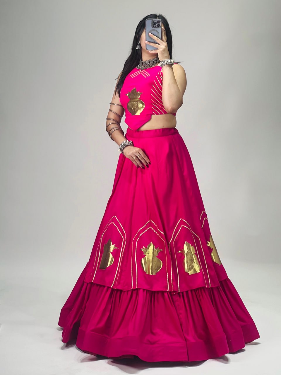 Rani Pink Pure Rayon Cotton Multi Coloured Frilled Kali With Gota Work Navratri Lehenga Choli