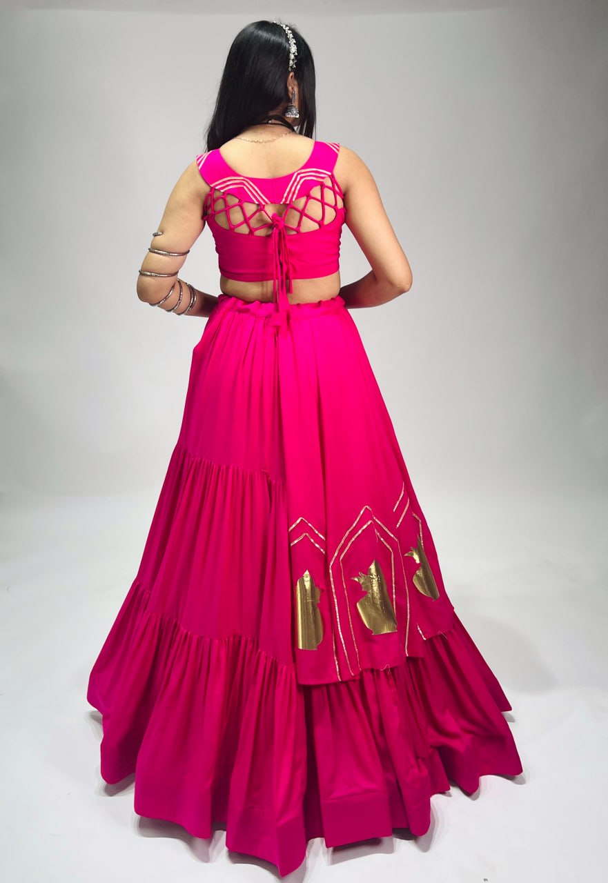 Rani Pink Pure Rayon Cotton Multi Coloured Frilled Kali With Gota Work Navratri Lehenga Choli