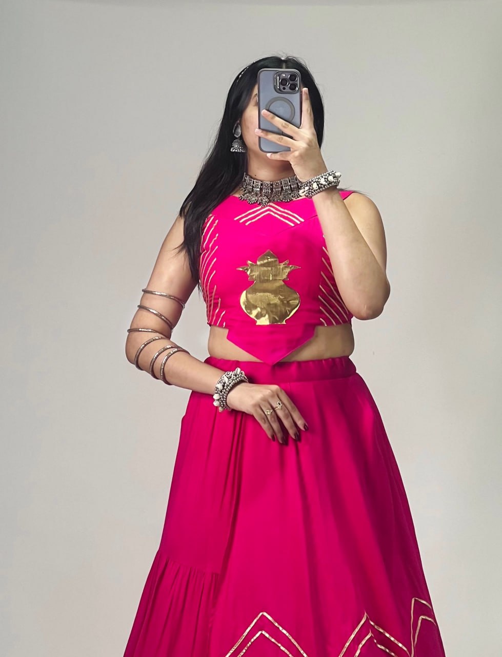 Rani Pink Pure Rayon Cotton Multi Coloured Frilled Kali With Gota Work Navratri Lehenga Choli