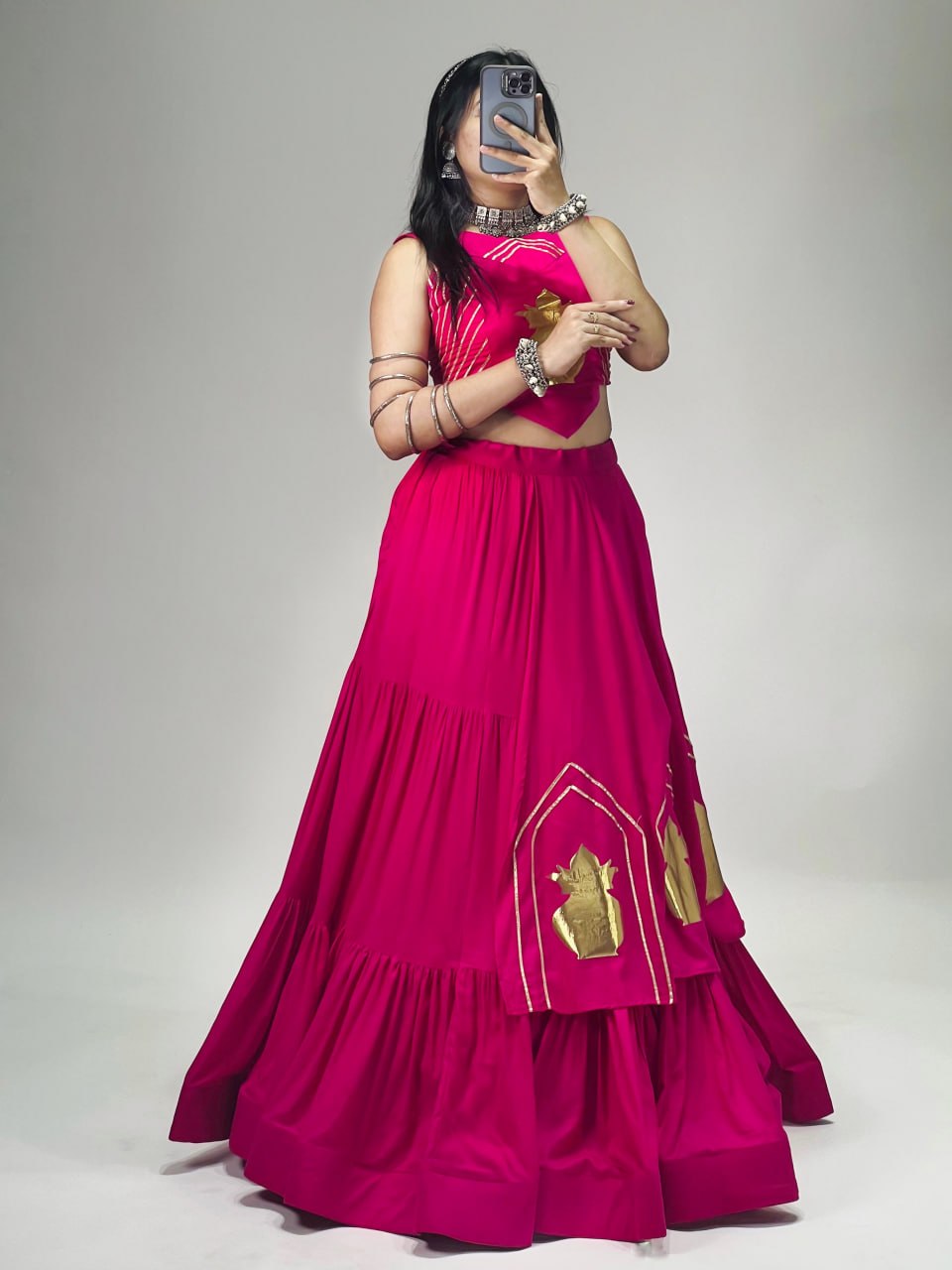 Rani Pink Pure Rayon Cotton Multi Coloured Frilled Kali With Gota Work Navratri Lehenga Choli