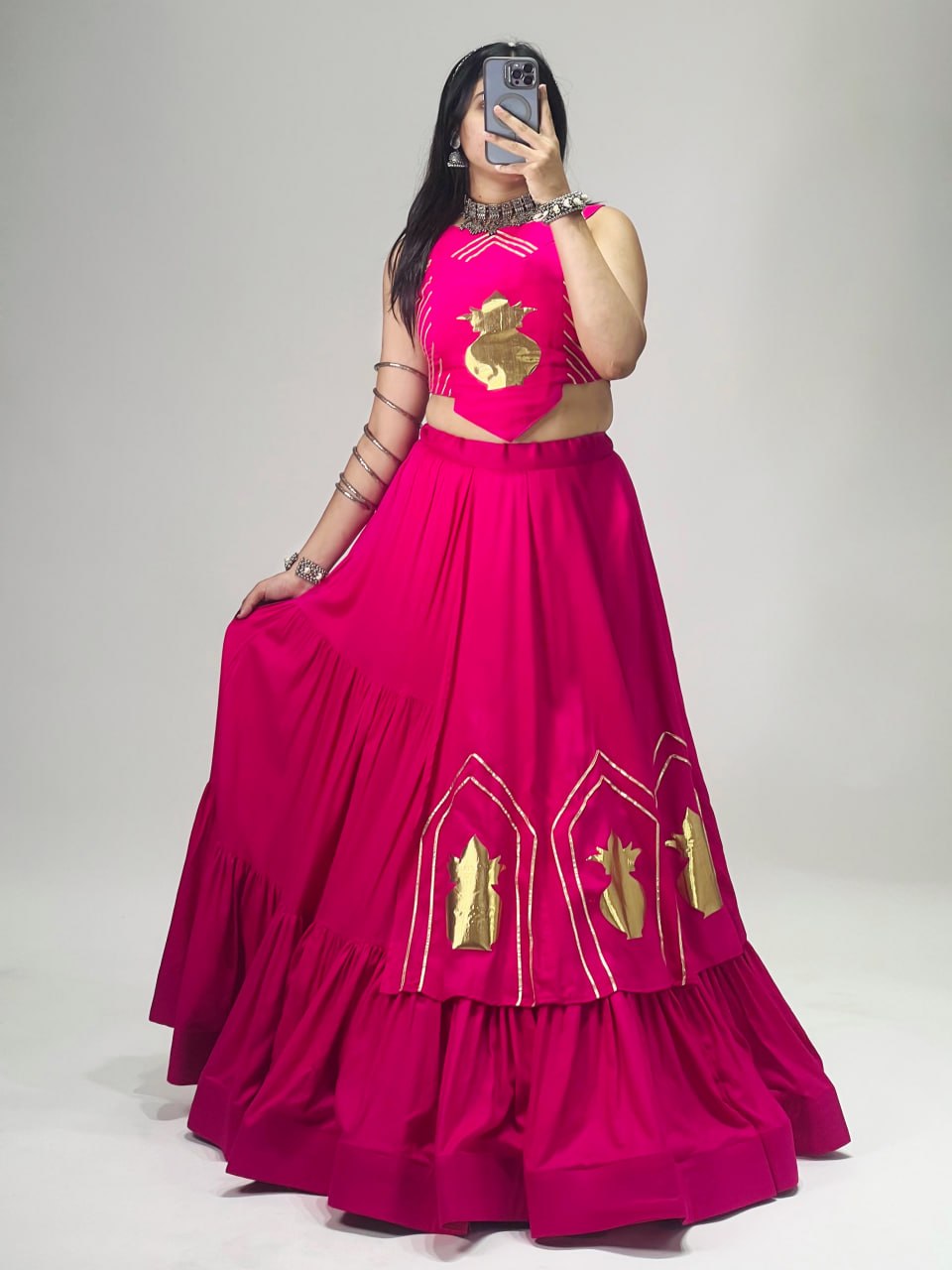 Rani Pink Pure Rayon Cotton Multi Coloured Frilled Kali With Gota Work Navratri Lehenga Choli