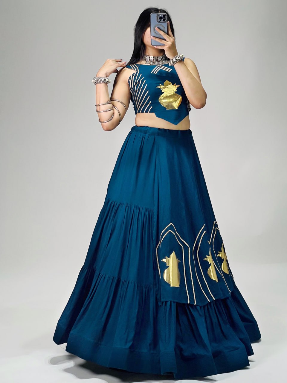 Teal Blue Pure Rayon Cotton Multi Coloured Frilled Kali With Gota Work Navratri Lehenga Choli