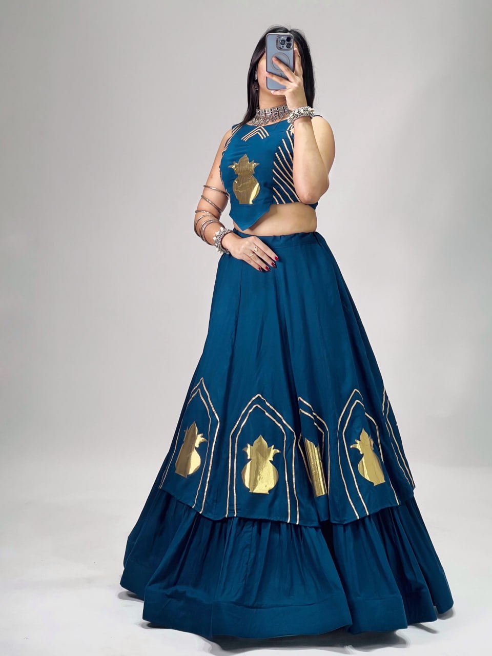 Teal Blue Pure Rayon Cotton Multi Coloured Frilled Kali With Gota Work Navratri Lehenga Choli