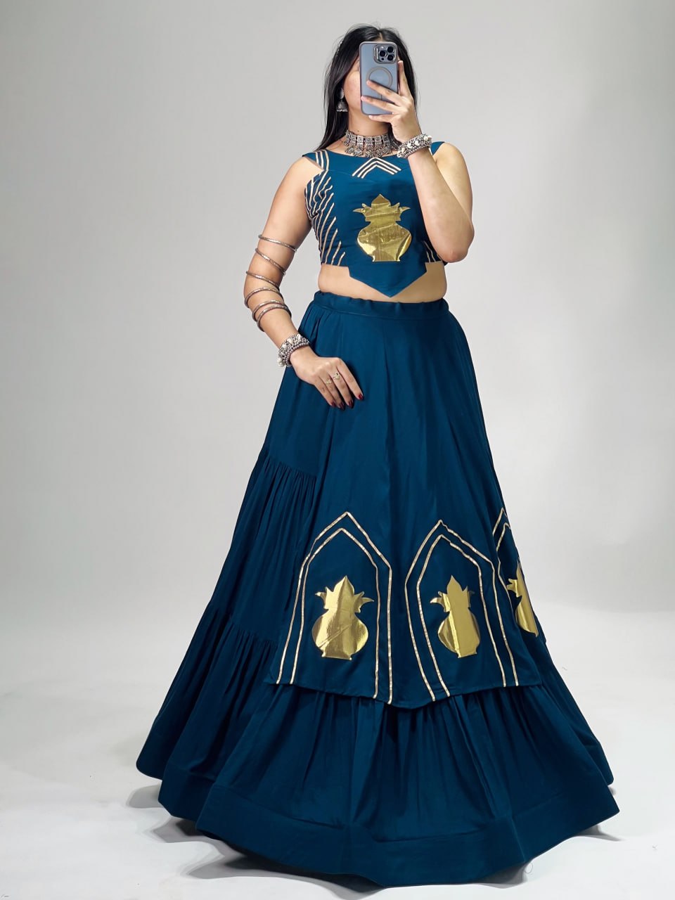 Teal Blue Pure Rayon Cotton Multi Coloured Frilled Kali With Gota Work Navratri Lehenga Choli