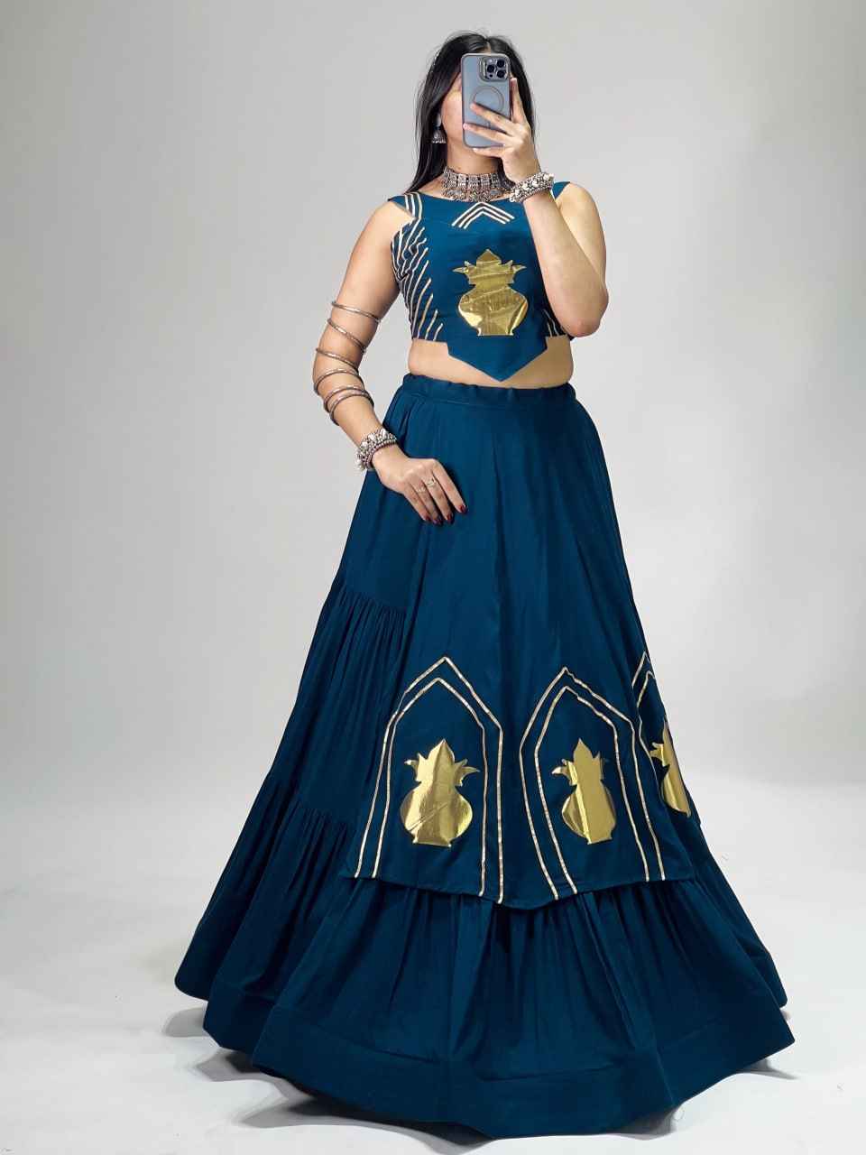 Teal Blue Pure Rayon Cotton Multi Coloured Frilled Kali With Gota Work Navratri Lehenga Choli
