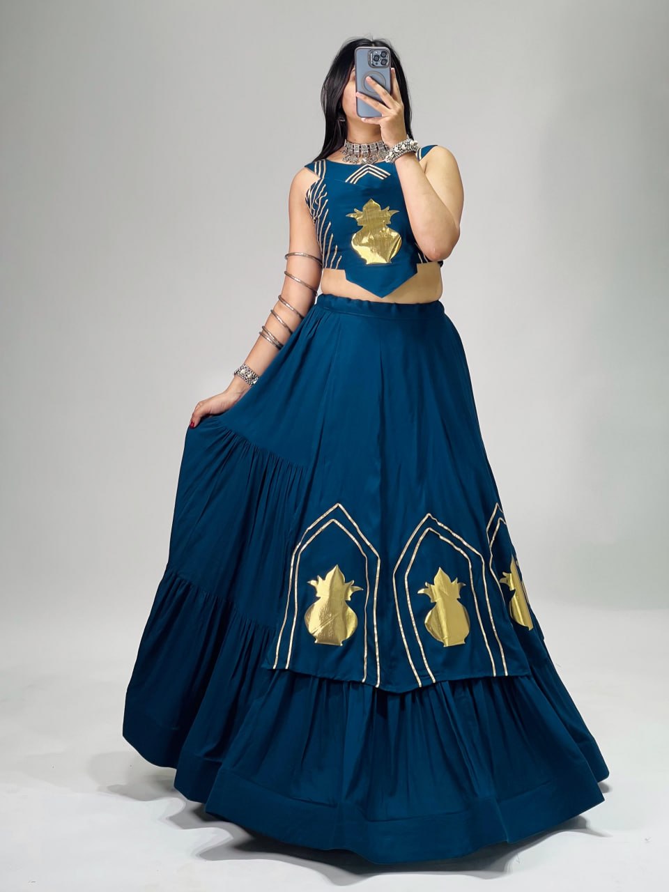 Teal Blue Pure Rayon Cotton Multi Coloured Frilled Kali With Gota Work Navratri Lehenga Choli