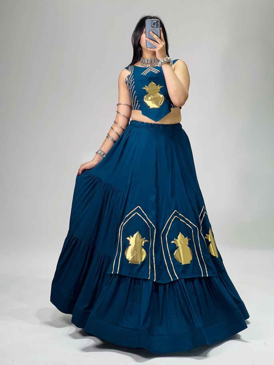 Teal Blue Pure Rayon Cotton Multi Coloured Frilled Kali With Gota Work Navratri Lehenga Choli