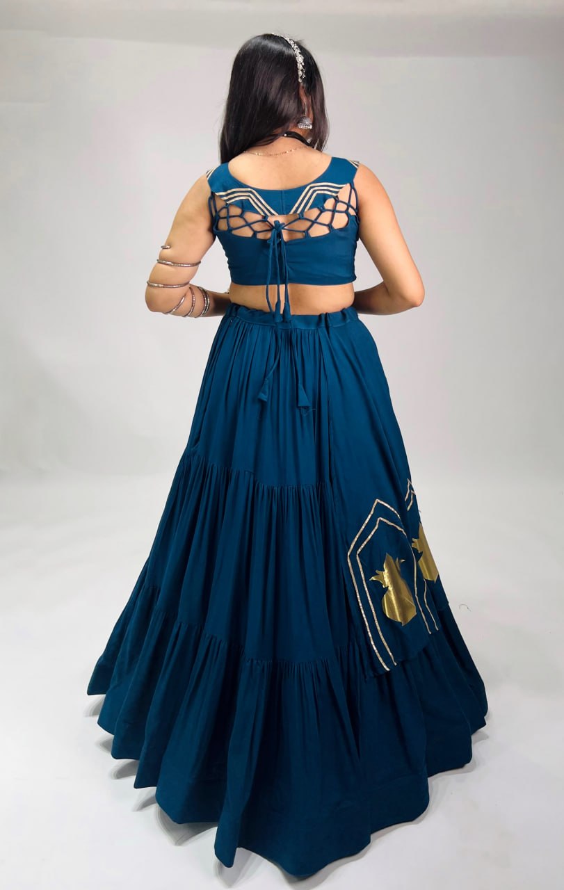 Teal Blue Pure Rayon Cotton Multi Coloured Frilled Kali With Gota Work Navratri Lehenga Choli