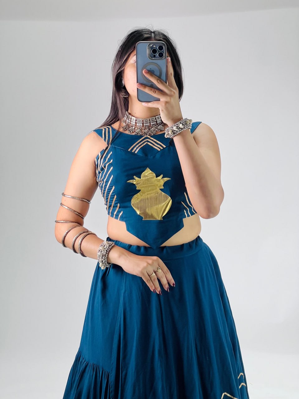 Teal Blue Pure Rayon Cotton Multi Coloured Frilled Kali With Gota Work Navratri Lehenga Choli