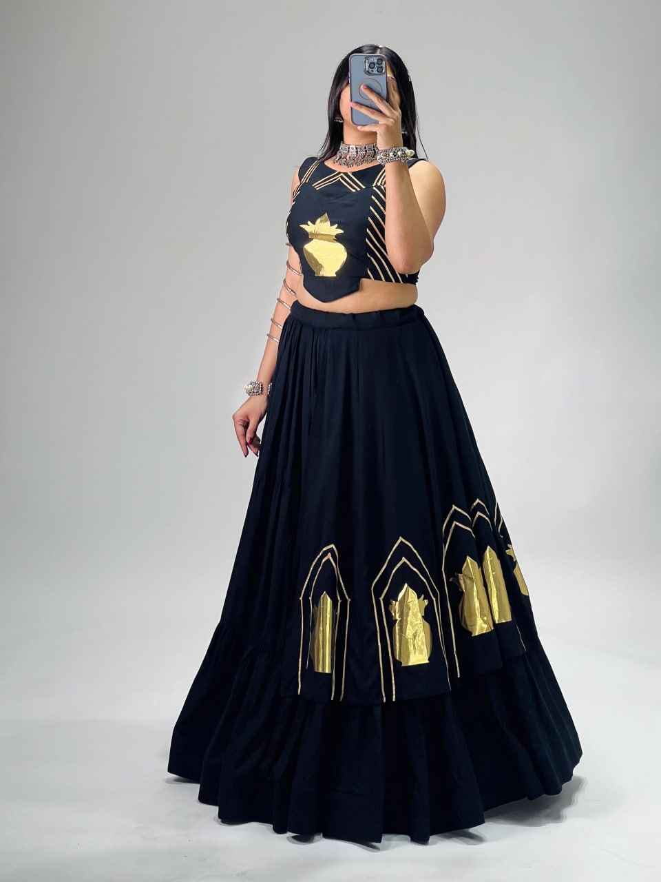 Black Pure Rayon Cotton Multi Coloured Frilled Kali With Gota Work Navratri Lehenga Choli