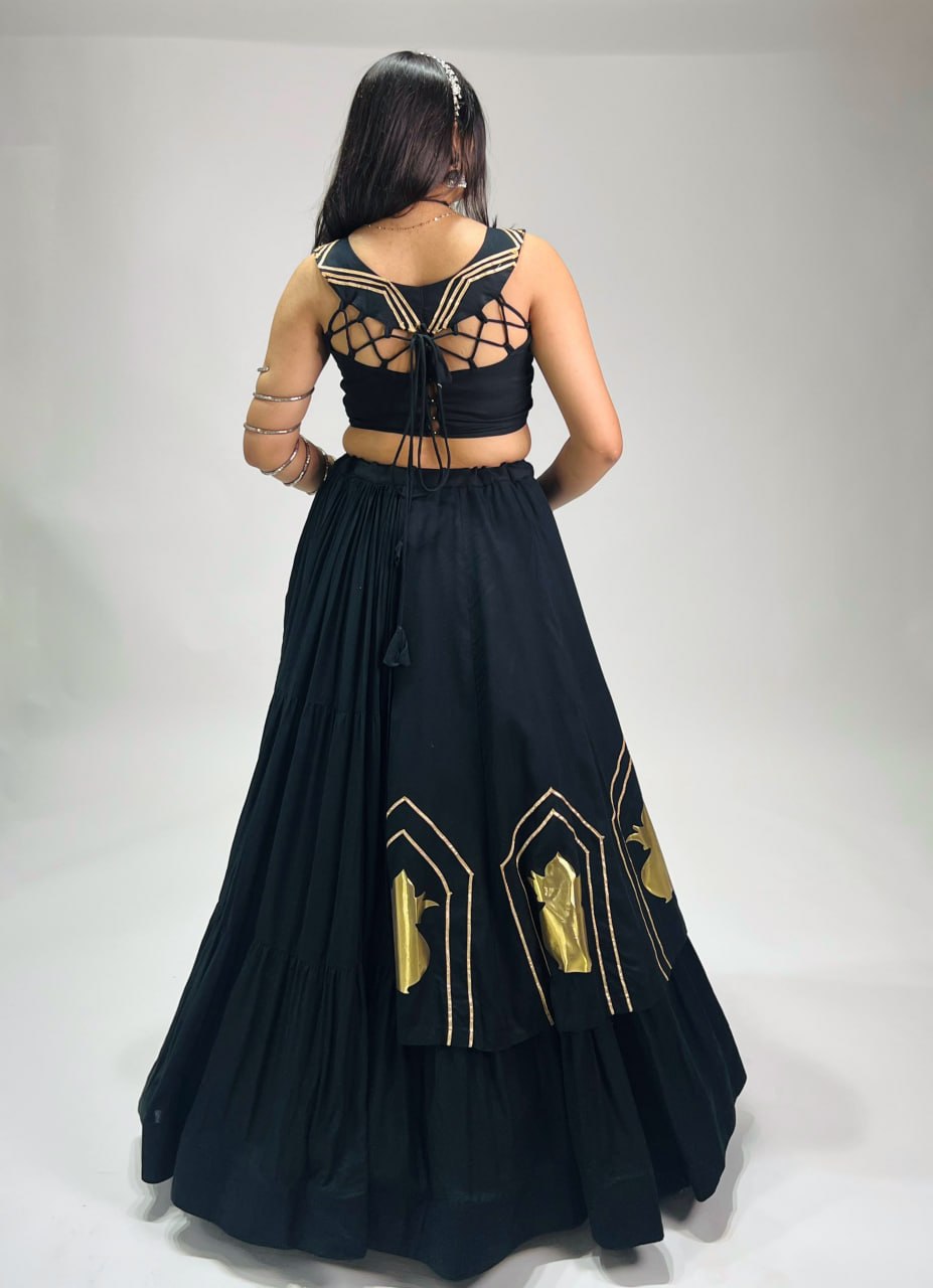 Black Pure Rayon Cotton Multi Coloured Frilled Kali With Gota Work Navratri Lehenga Choli