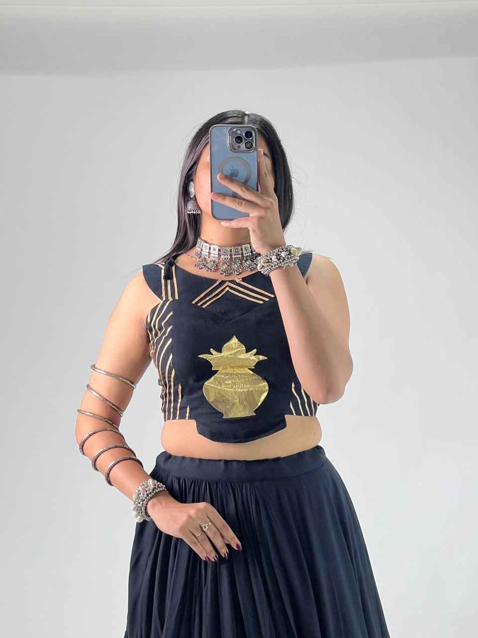 Black Pure Rayon Cotton Multi Coloured Frilled Kali With Gota Work Navratri Lehenga Choli