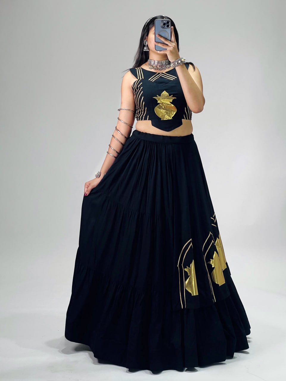 Black Pure Rayon Cotton Multi Coloured Frilled Kali With Gota Work Navratri Lehenga Choli
