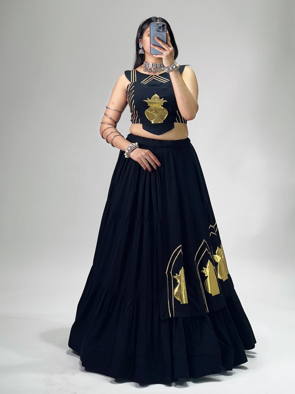 Black Pure Rayon Cotton Multi Coloured Frilled Kali With Gota Work Navratri Lehenga Choli