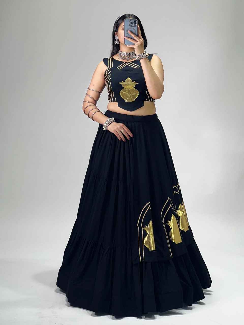 Black Pure Rayon Cotton Multi Coloured Frilled Kali With Gota Work Navratri Lehenga Choli