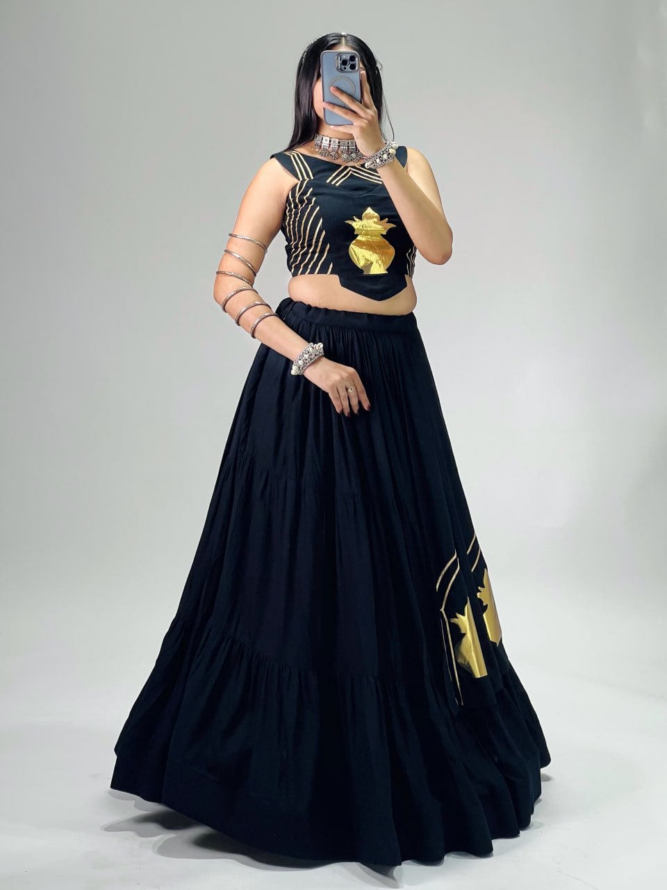 Black Pure Rayon Cotton Multi Coloured Frilled Kali With Gota Work Navratri Lehenga Choli