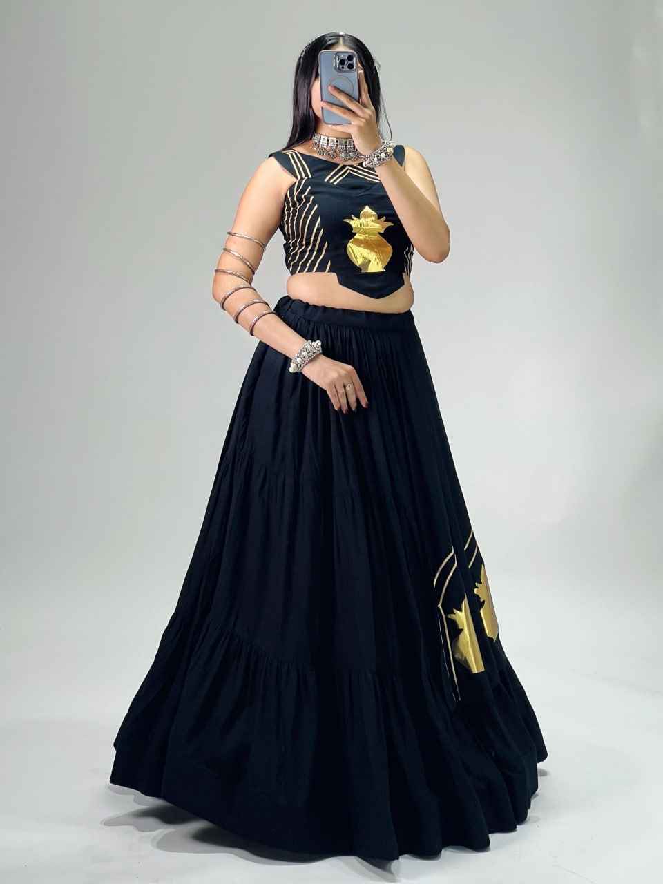 Black Pure Rayon Cotton Multi Coloured Frilled Kali With Gota Work Navratri Lehenga Choli