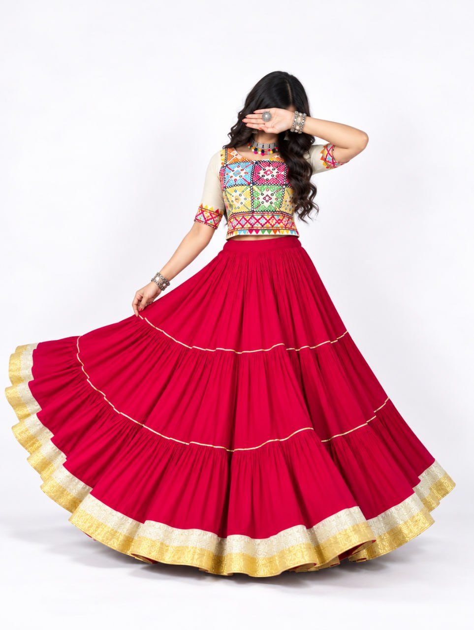 Gajari Pink Pure Rayon Cotton Multi Coloured Frilled Kali With Gota Work Navratri Lehenga Choli
