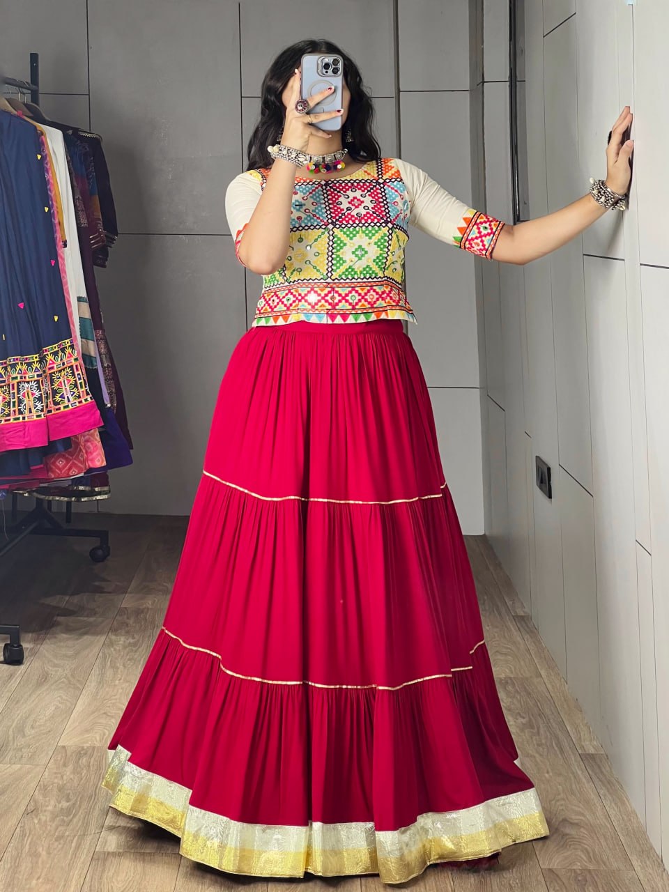 Gajari Pink Pure Rayon Cotton Multi Coloured Frilled Kali With Gota Work Navratri Lehenga Choli