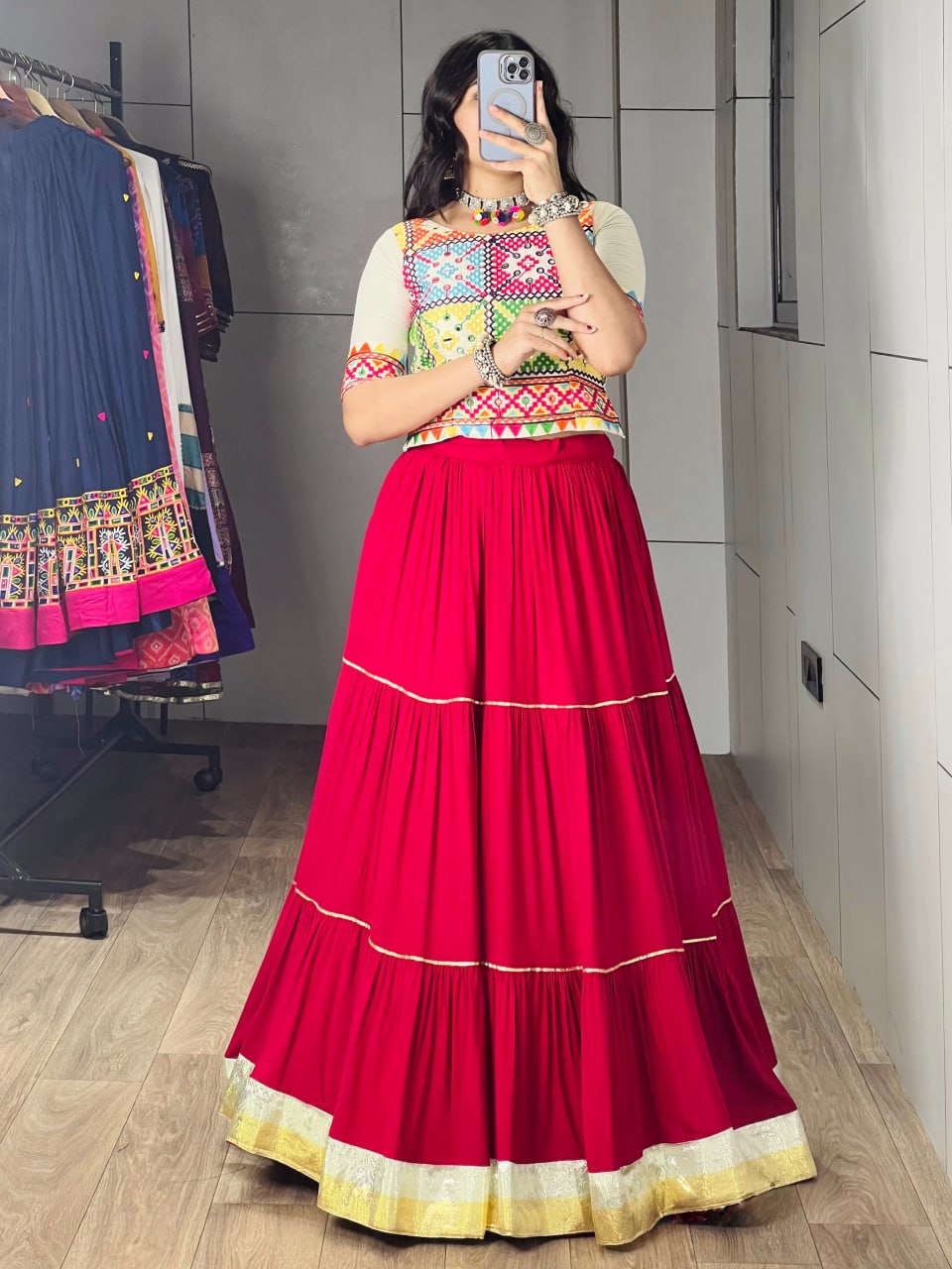 Gajari Pink Pure Rayon Cotton Multi Coloured Frilled Kali With Gota Work Navratri Lehenga Choli