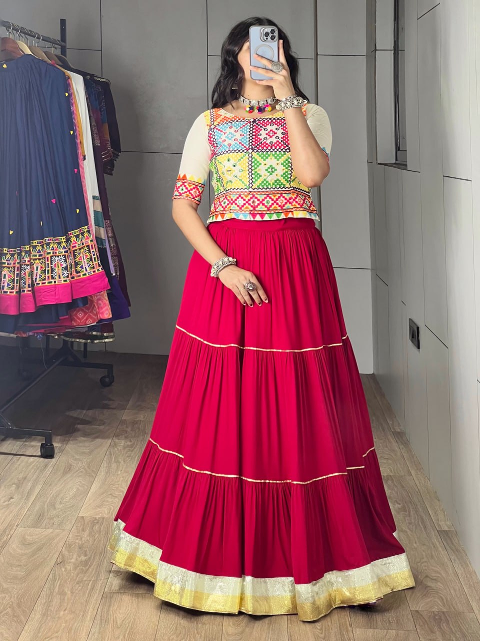 Gajari Pink Pure Rayon Cotton Multi Coloured Frilled Kali With Gota Work Navratri Lehenga Choli